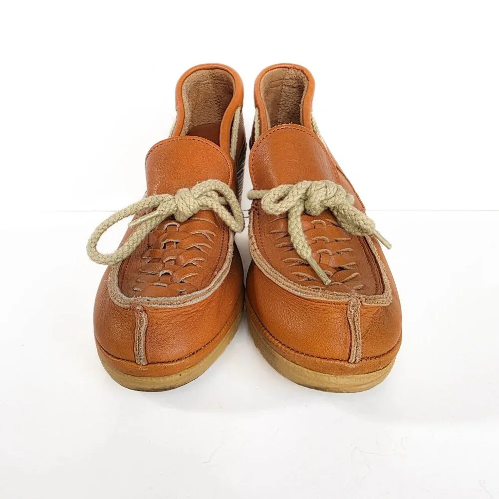 Vintage 70s Cherokee Buckwheat Platform Wedges Caramel Leather‎ Boho Shoes 7.5 N